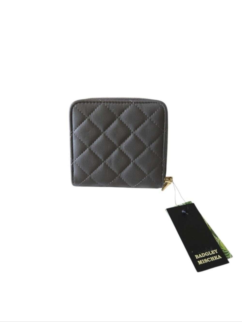 Badgley Mischka NWT Gray Quilted Zip Wallet with Gold Tone Logo - Picture 2 of 9